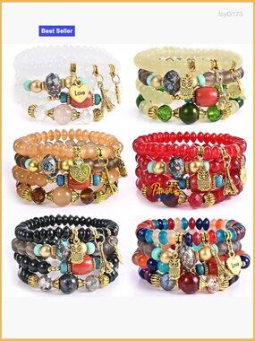 Handmade Stretch Bracelet Set, Adjustable Stackable Boho Jewelry with Charms